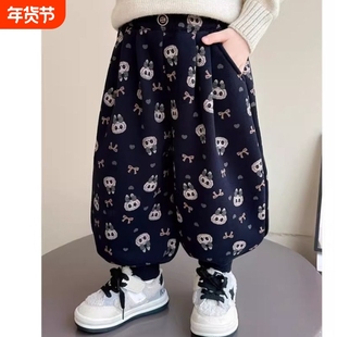 女童加绒裤子秋冬款2026新款儿童洋气休闲宝宝卡通满印卫裤THH454