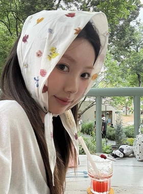 2026新款法式田园风花朵丝巾女士夏季旅游拍照三角巾头巾薄款围巾