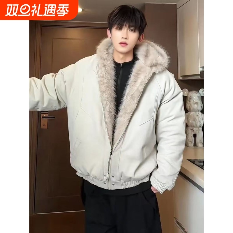 户外美式复古座山雕大毛领连帽羽绒服男女冬季宽松加厚面包服棉衣