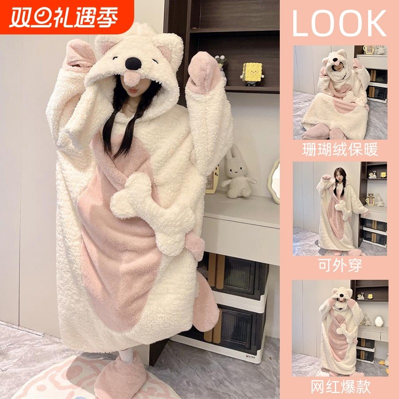 珊瑚绒睡衣女款2025新款秋冬季男加厚睡裙可爱狗睡袍连体裤家居服
