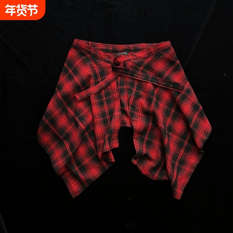 今年流行格子一片式系带屁帘女藏肉神器下摆街舞不规则叠穿男生衫