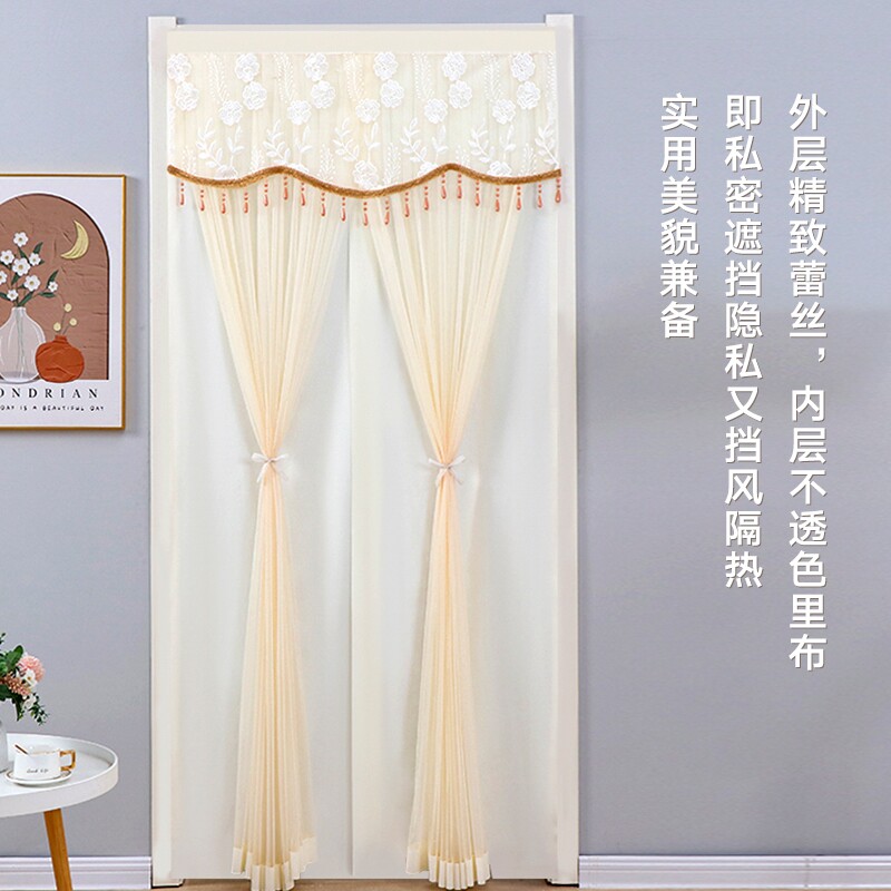 门帘新款蕾丝双层不透人遮挡帘卧室纱帘免打孔装饰隔断帘家用挂帘