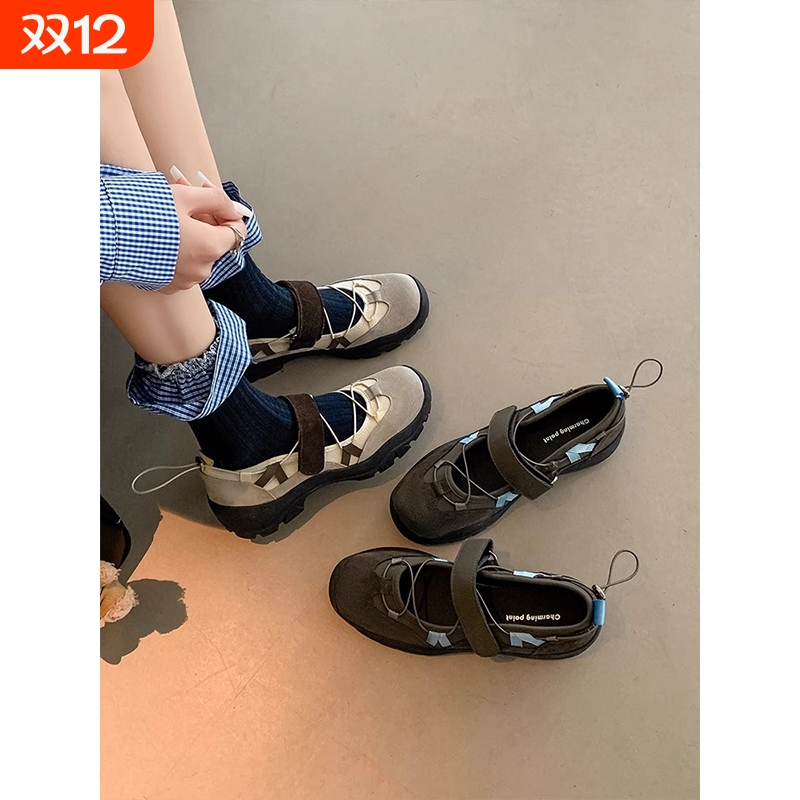 厚底版设计感机能风芭蕾舞运动鞋女2025年春夏季新款牛皮玛丽珍鞋