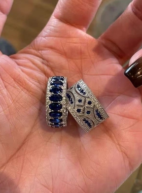 vintage蓝色锆石中古食指戒小众设计高级感指环叠戴宽口银色戒指