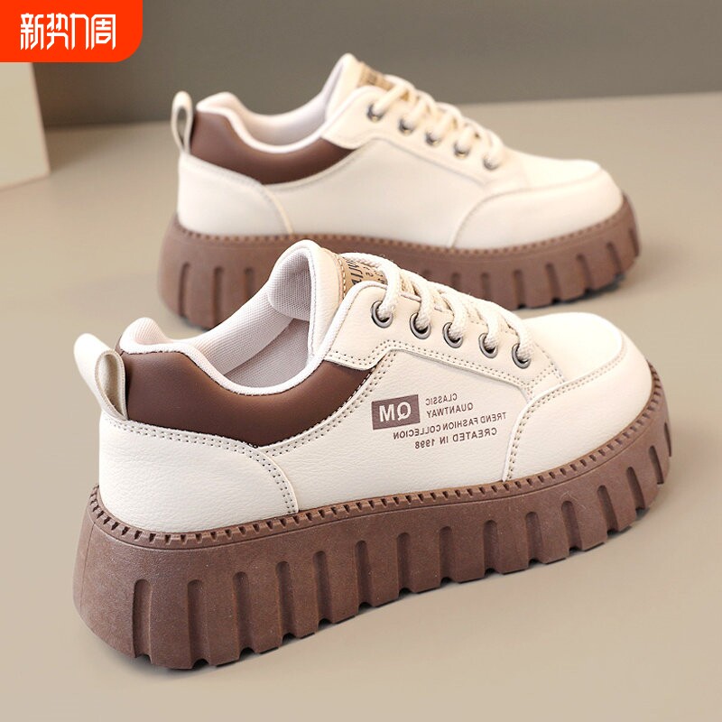 欧伦啄木鸟女鞋2026春秋新款真皮时尚百搭配裙子增高厚底松糕鞋运