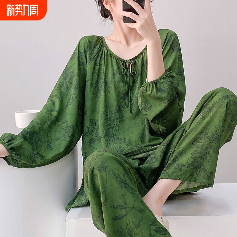 睡衣女夏季薄款棉绸长袖长裤套装宽松大码家居服可外穿休闲两件套
