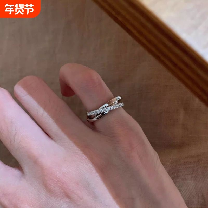 S925纯银中古满钻三环尾戒古风小众设计高级感爆款指环刻字白金