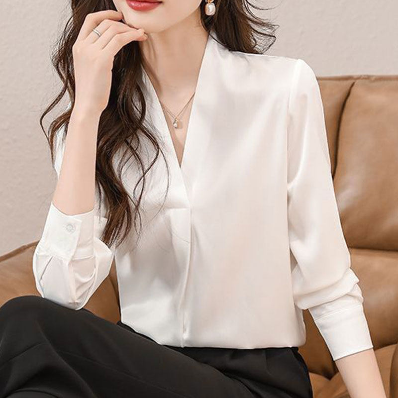 기질 V 넥 화이트 셔츠 여성 긴팔 2024 가을 겨울 새로운 OL 스타일 디자인 틈새 전문 정장 탑