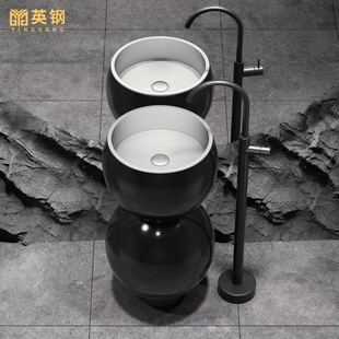 家用卫生间洗手盆酒吧洗脸盆面盆 复古葫芦不锈钢立柱盆一体落地式