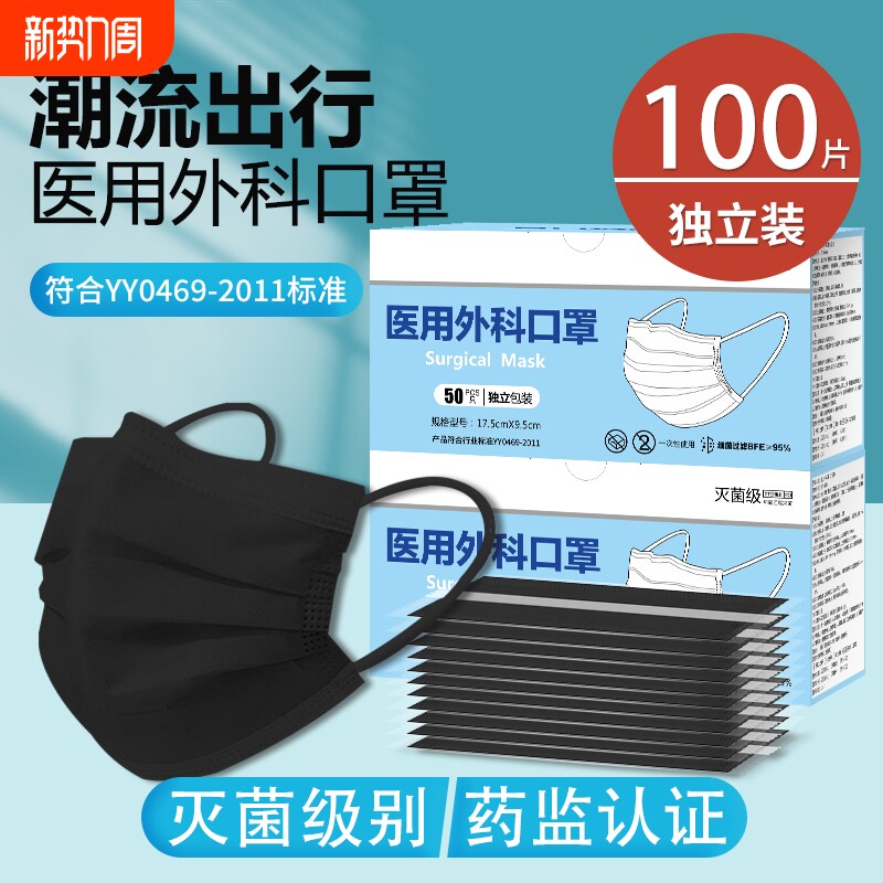 黑色口罩一次性医疗成人三层灭菌级医用外科男女单独包装官方正品