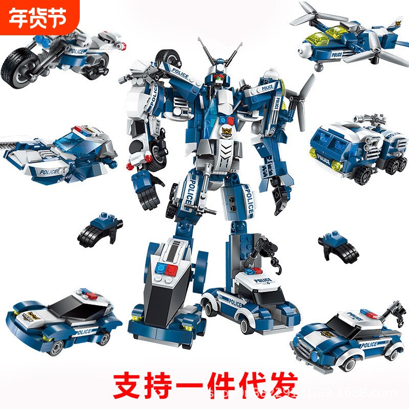 启蒙积木合体拼装机甲坦克战舰男孩益智力玩具警察变形机器人金刚