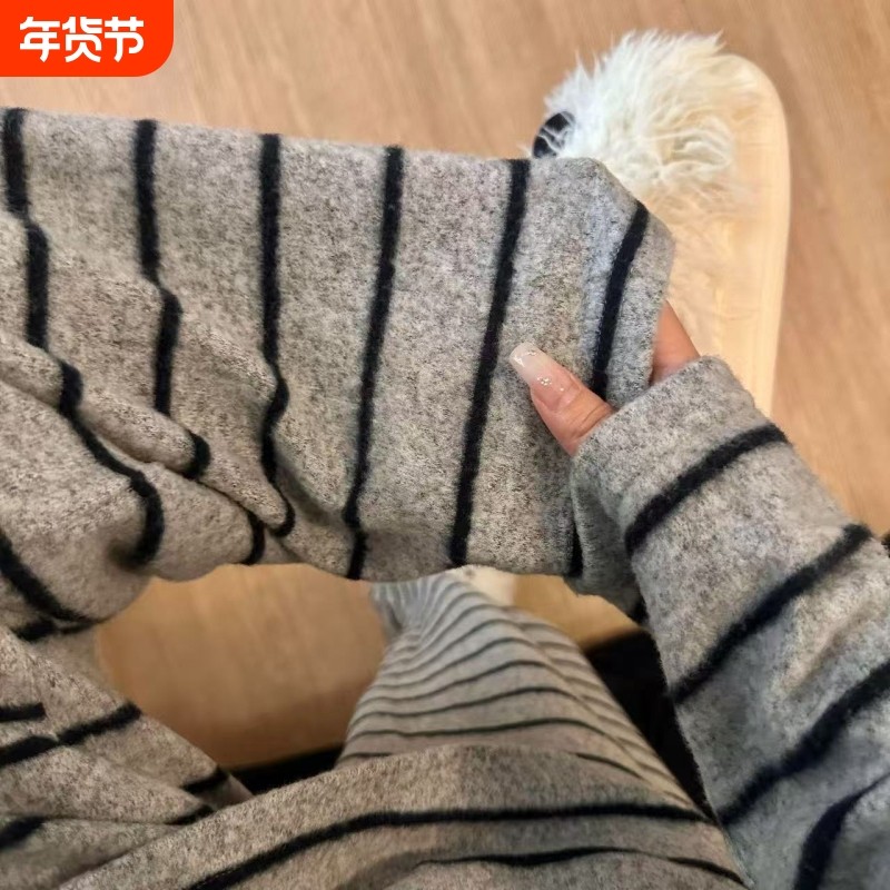 新款德绒条纹睡衣少女秋冬季ins风韩版简约套装保暖可外穿家居服