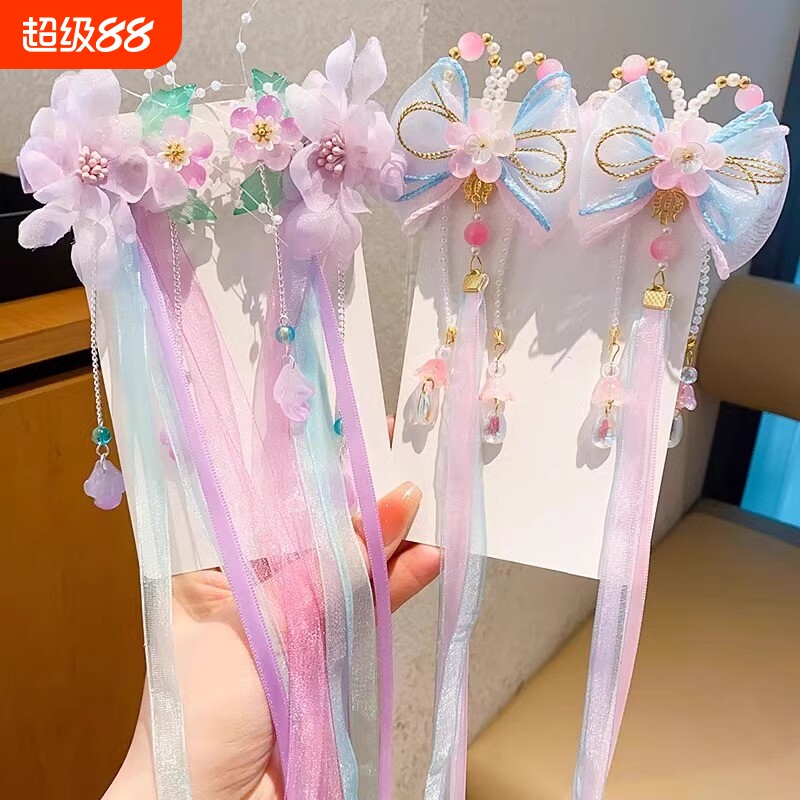 中国风儿童汉服头饰女童公主飘带小女孩超仙古装发夹宝宝古风发饰图片