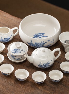 白瓷功夫茶具套装陶瓷盖碗茶杯整套青花泡茶器办公室家用商务礼品