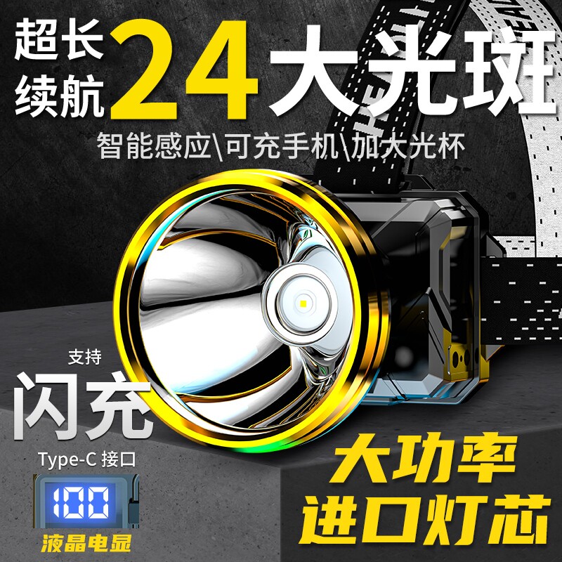 头灯2025新款强光超亮充电头戴式照明灯户外感应钓鱼专用大容量