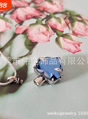 亚马逊货源不锈钢饰品玻璃桃心12颜色生日石深紫色骨灰盒吊坠项链