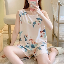 棉绸睡衣女夏薄款宽松无袖人造棉家居服可外穿学生绵绸套装加大码
