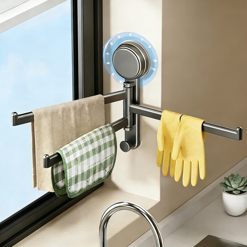 吸盘厨房抹布架置物架洗碗槽窗台沥水架壁挂上墙多杆可旋转毛巾架
