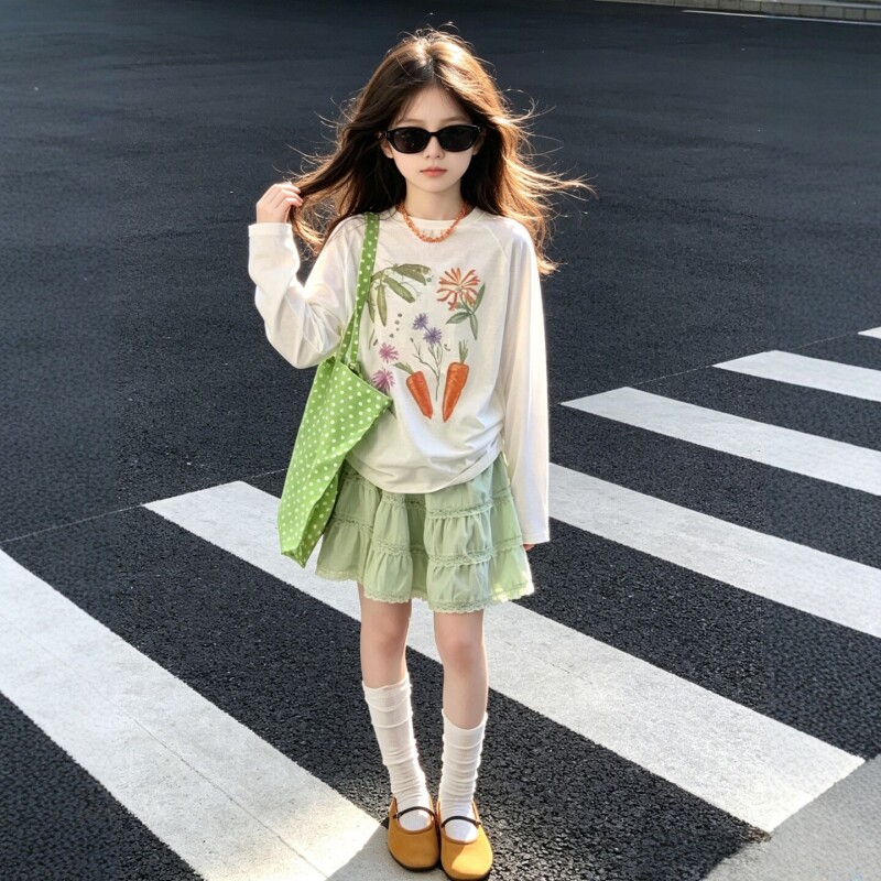 春夏秋季女中大童长袖上衣套装裙图片