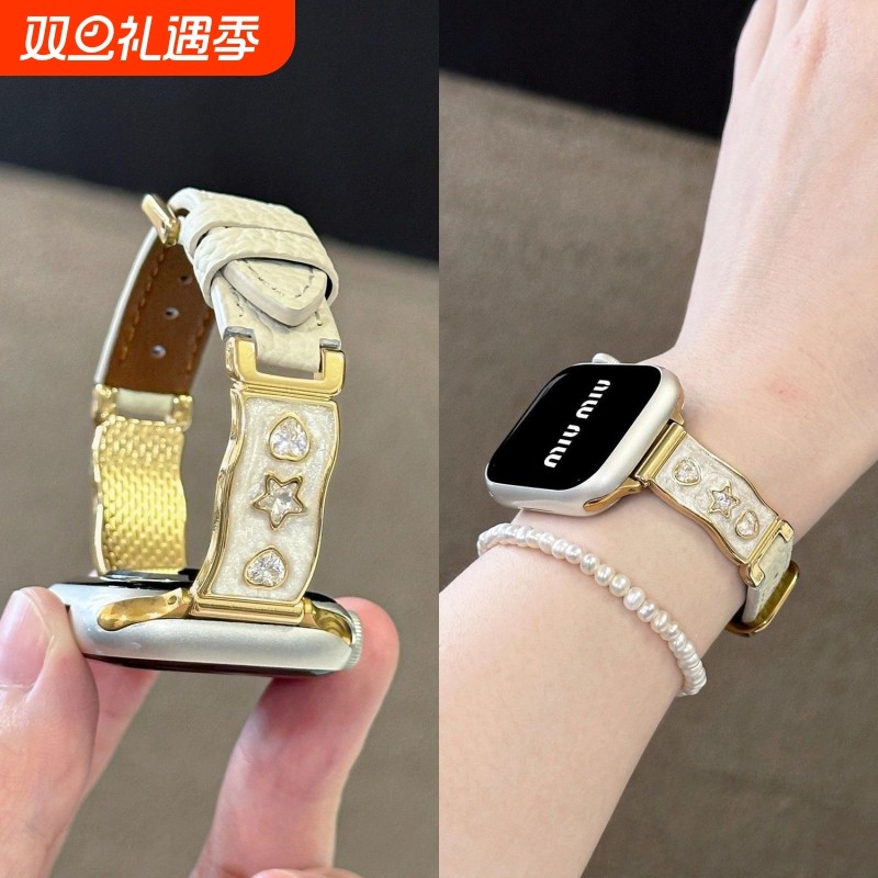 琉璃镶钻半镯适用苹果手表s10/11爱心星星水钻拼皮表带Applewatch9/8/7/6/5/4创意腕带智能运动配件