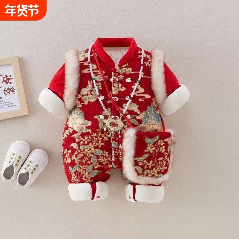 新生婴儿冬季中国风连体棉衣男女宝宝超萌可爱兔子唐装连体衣A178