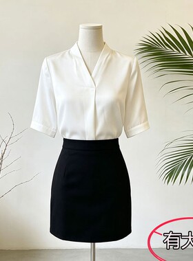 夏季新品公务员教资面试短袖白衬衫女休闲通勤大码V领缎面工作服