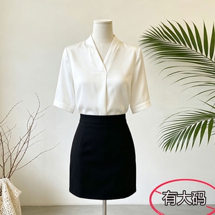 夏季新品公务员教资面试短袖白衬衫女休闲通勤大码V领缎面工作服