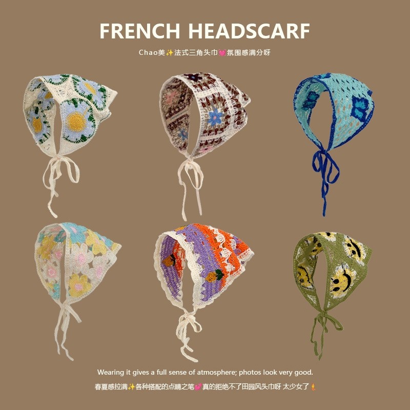 田园风三角巾头巾女2025新款包头三角形海边多巴胺针织发带小头饰