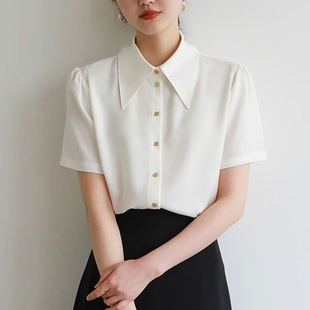 女2024新款 夏季 设计感白色衬衫 通勤职业洋气免烫雪纺衬衣 法式 短袖
