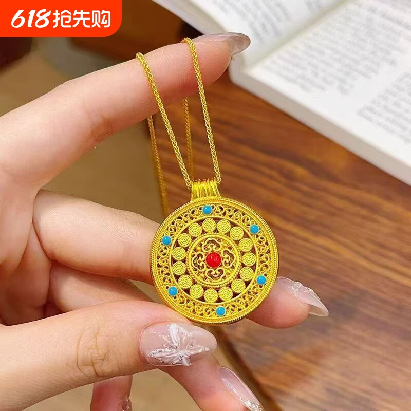 如意圆满花丝珐琅彩罗盘吊坠女复古手工镂空毛衣链送礼物项链饰品