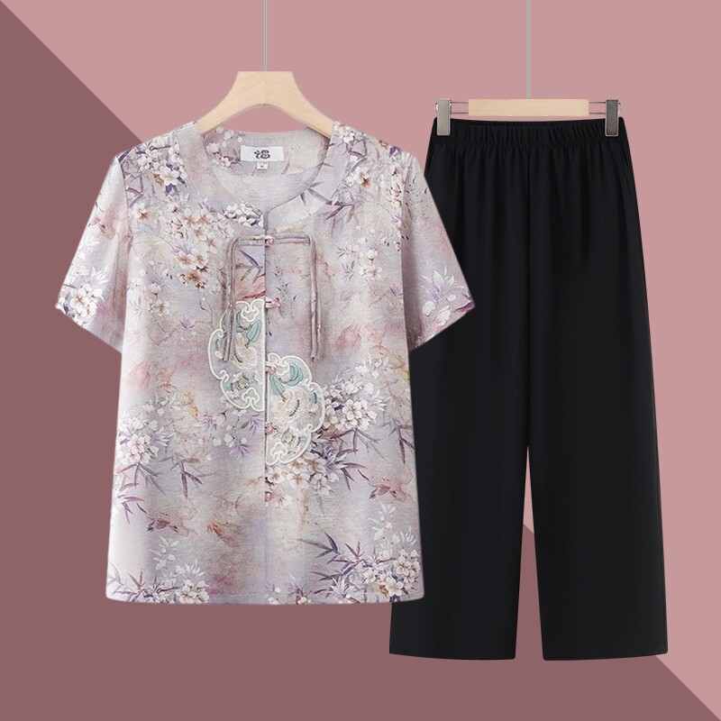 老人衣服奶奶中老年人两件套上衣夏天夏装女国风套装妈妈短袖衬衫