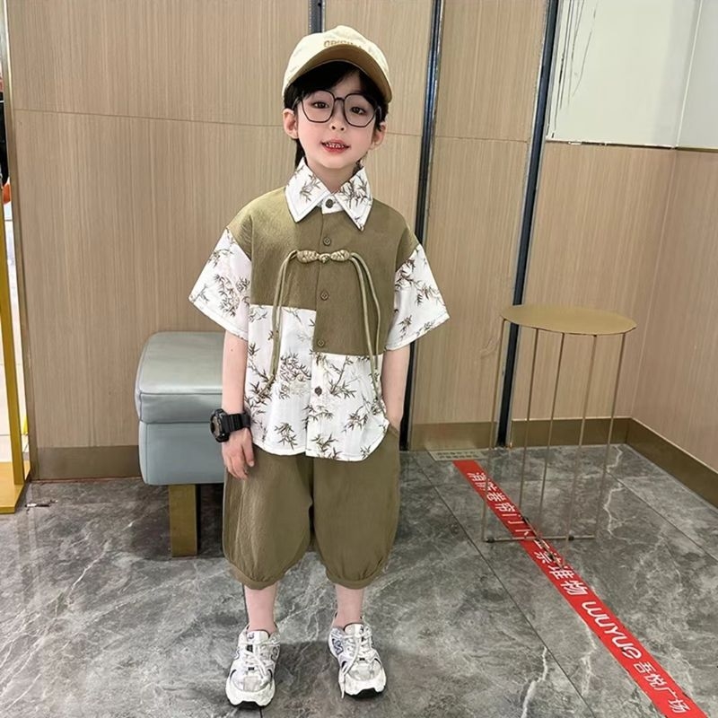 童装男童夏装套装新款夏季中式宝宝儿童汉服男孩衬衫短袖两件套