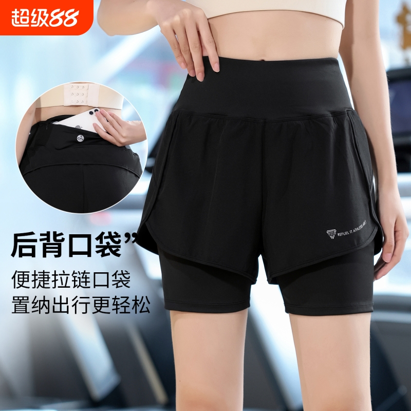 夏季后口袋运动短裤女速干防走光假两件健身裤高腰透气跑步训练裤