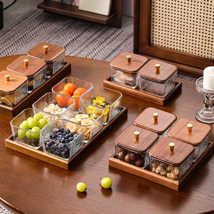 高档胡桃木水果盘家用客厅茶几分格玻璃干果盘茶点心收纳盒零食盘