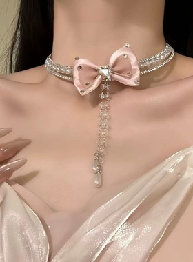 【名媛序曲】甜美气质闪钻粉色蝴蝶结项链女法式设计感choker颈链