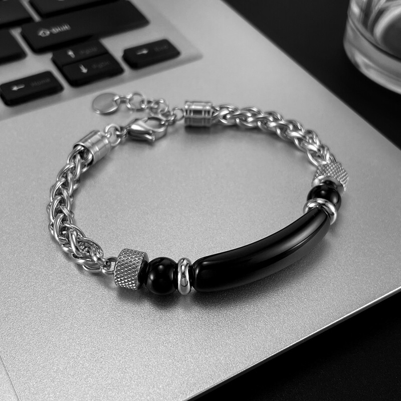 欧美时尚复古不锈钢链条拼接虎眼石钛钢男士手链黑曜石