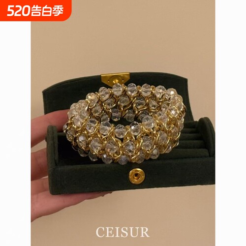中古vintage个性夸张宽版锆石链条编织手镯时尚气质轻奢高级手饰