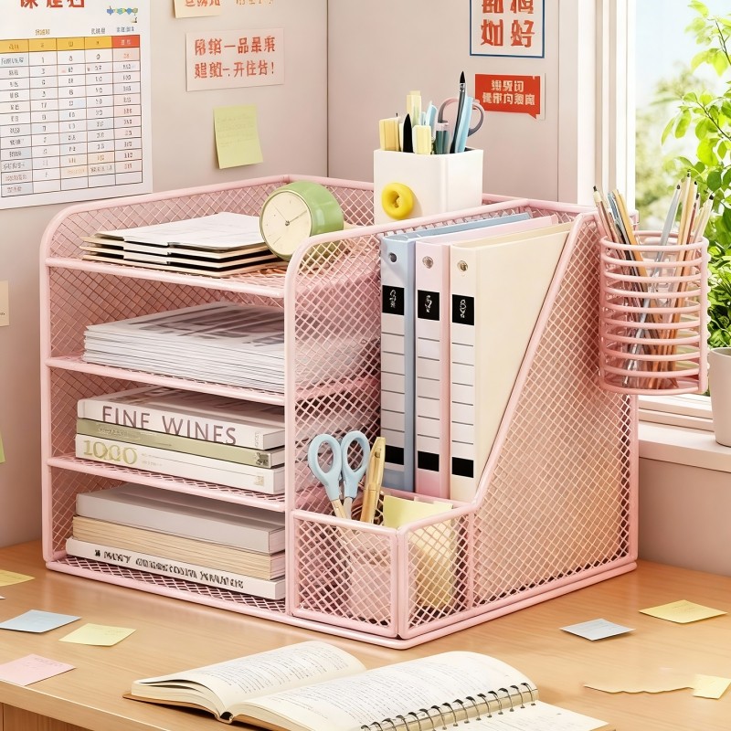 文件架办公桌置物架金属文件收纳架办公用品文件收纳整理盒多层办公室桌面书架大容量A4资料档案文件框文件夹