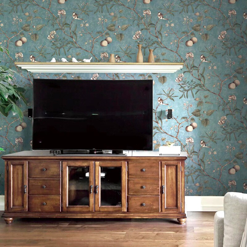 伊蕊深咖啡色卧室田园墙纸无纺布美式乡村花鸟客厅祖母绿壁纸