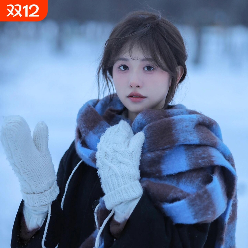 虞书欣同款围巾女冬季韩版情侣男加厚保暖马海毛围脖蓝色格子披肩