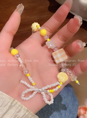 多巴胺黄色串珠蝴蝶结项链女甜美百搭小众设计锁骨链ins风配饰品