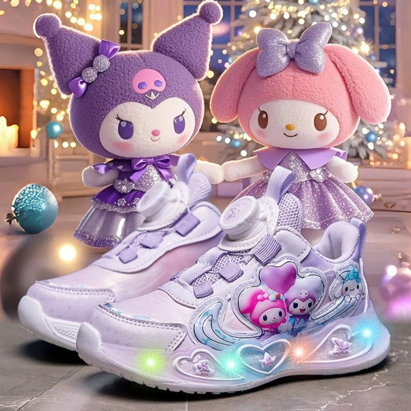 巴布豆真皮库洛米女童鞋春秋新款儿童发光纽扣女孩运动鞋亮灯防滑