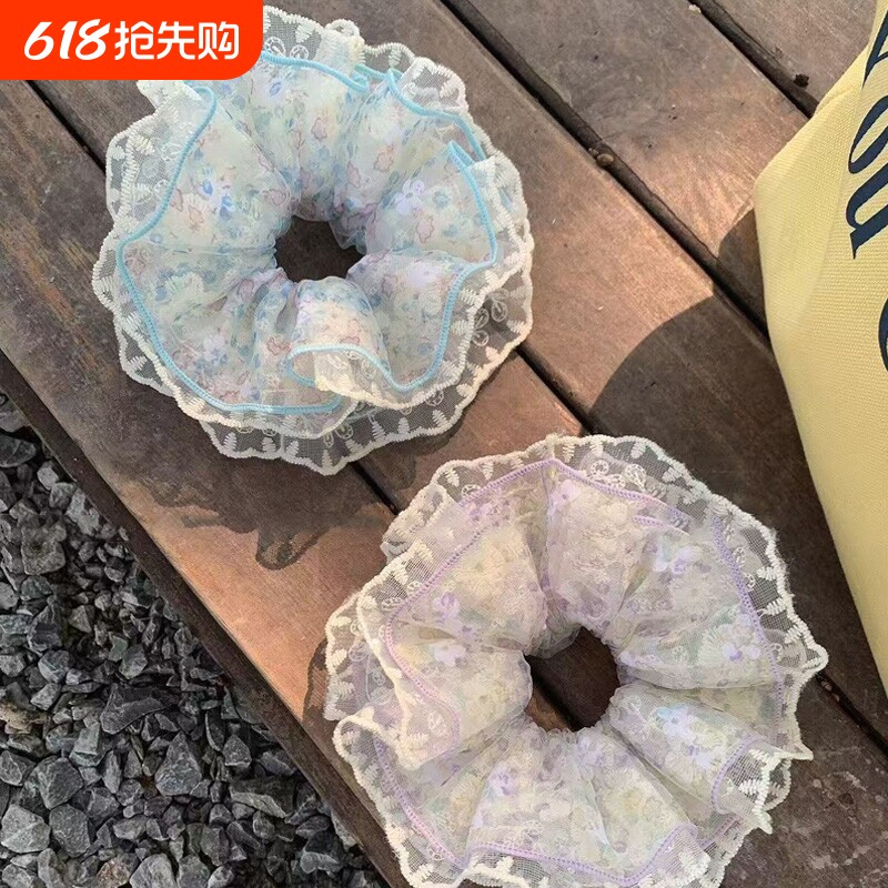 紫色碎花大肠发圈~蕾丝花边小碎花4层大号丸子头发绳女花朵蓝色