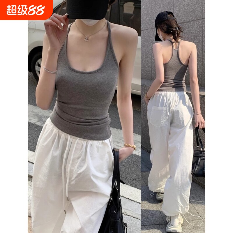 灰色工字吊带背心女内搭夏季带胸垫外穿挂脖运动健身美背上衣白色