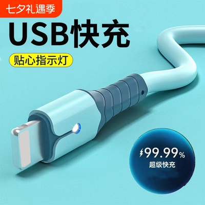 适用苹果USB快充数据线带灯硅胶通用iPhone6p/7/8/xs/11/12/13/14手机充电线iPad平板笔记本电脑闪充车载充电