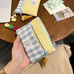 清新蓝黄格纹双拉链卡包零钱包少女心布艺学生证件口红便携收纳袋