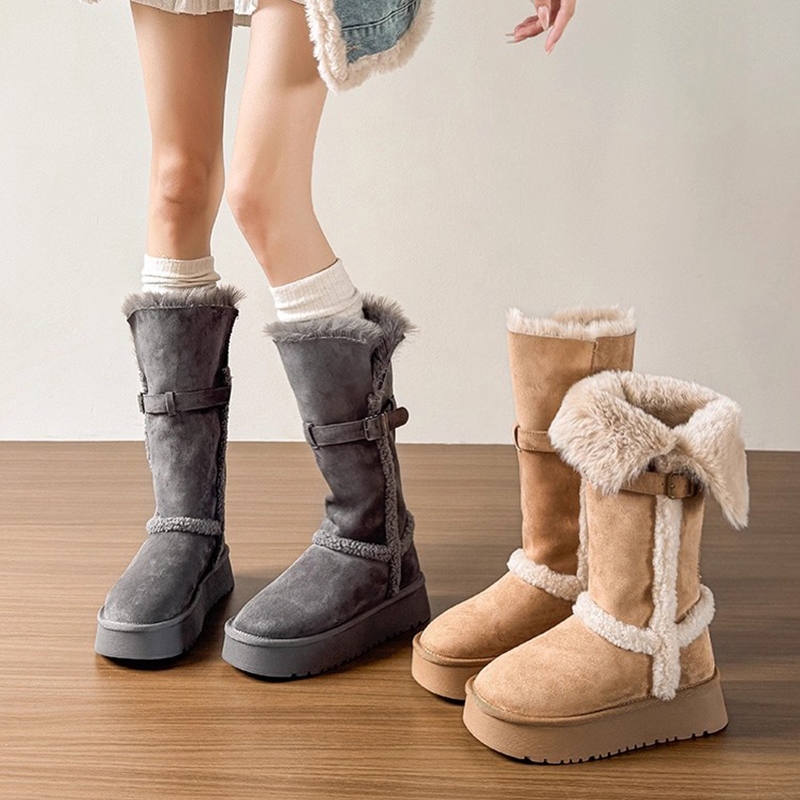 厚底加绒加厚毛毛长筒雪地靴女2025冬季新款高筒棉靴子东北大棉鞋