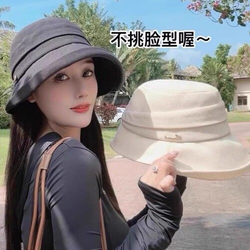 赫本风褶皱日系女士休闲百搭盆帽女春夏季百搭时尚防晒遮阳盆帽
