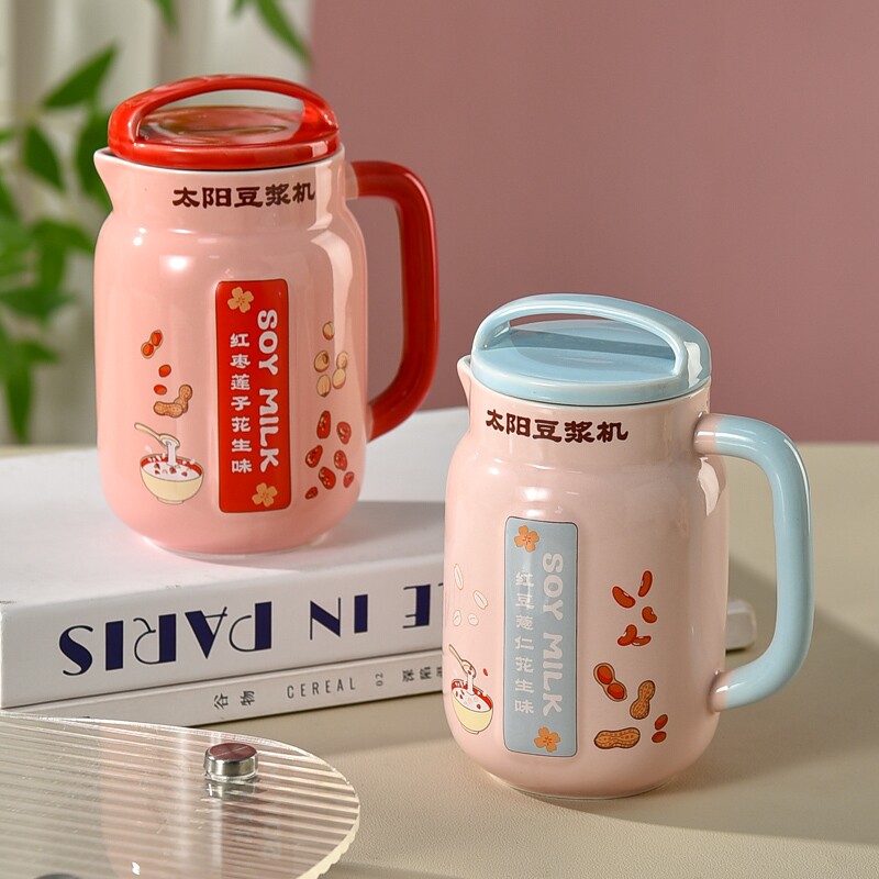 仿豆浆机马克杯陶瓷家用大容量带盖搞怪情侣早餐杯高颜值可爱杯子
