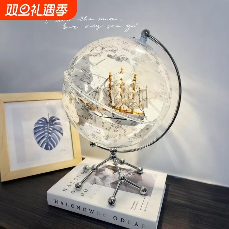 透明地球仪摆件轻奢高档高级感桌面摆设可发光小夜灯台灯家居送礼装饰